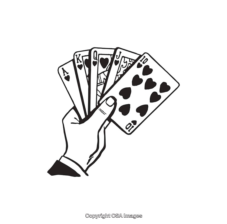 Hand Holding Royal Flush in Hearts Line Art Illustration
