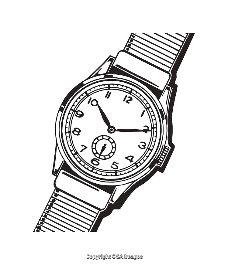 Black and White Line Art Illustration of a Classic Analog Wristwatch