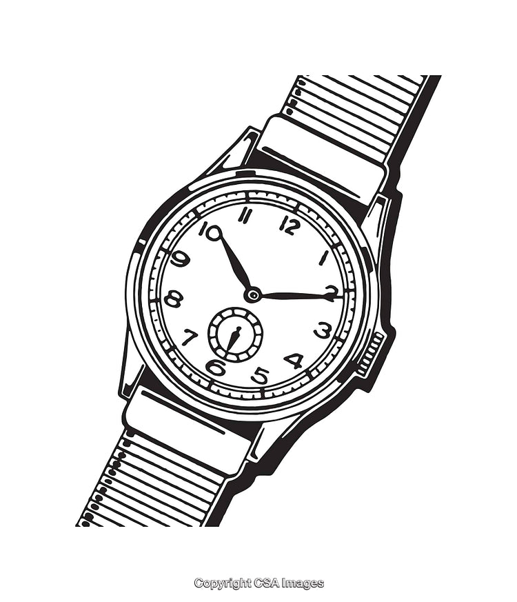 Black and White Line Art Illustration of a Classic Analog Wristwatch