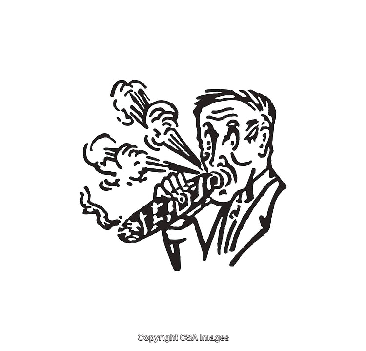 Vintage Cartoon of a Man Blowing Through a Bursting Object