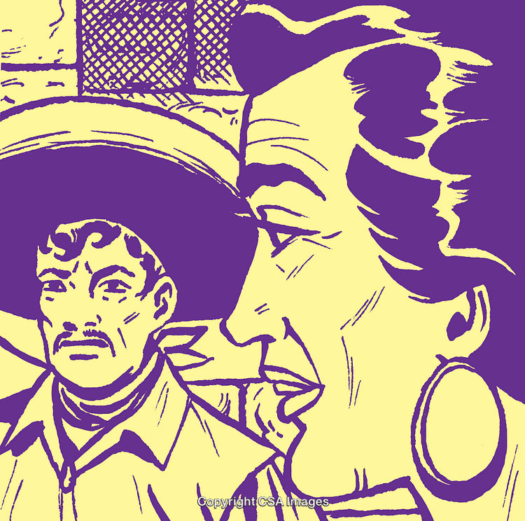 Bold Pop Art Illustration of Two Figures in Vibrant Purple and Yellow