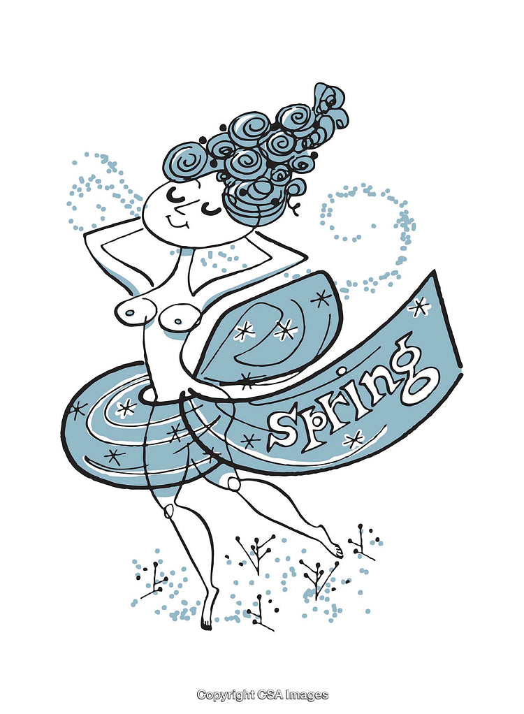 Playful Spring Illustration Featuring Whimsical Character and Seasonal Details in Blue