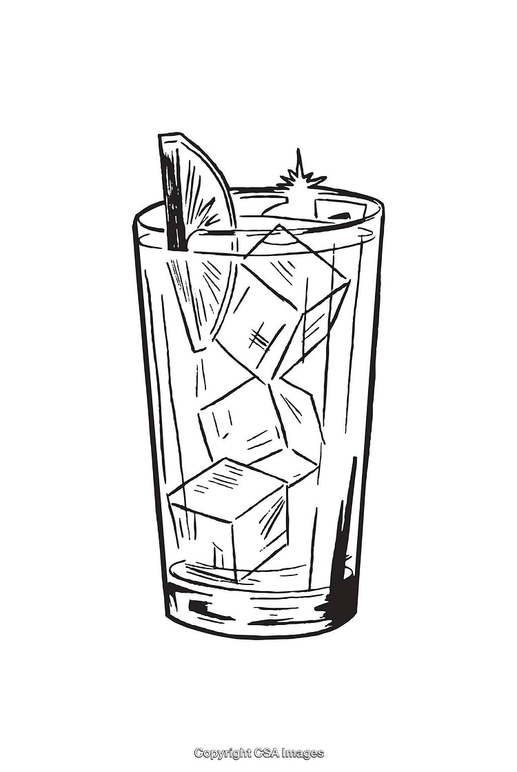 Black and White Line Art of Beverage Glass with Ice and Lemon