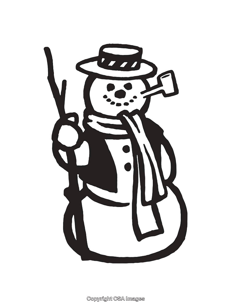 Vintage Black and White Snowman Illustration with Scarf and Hat