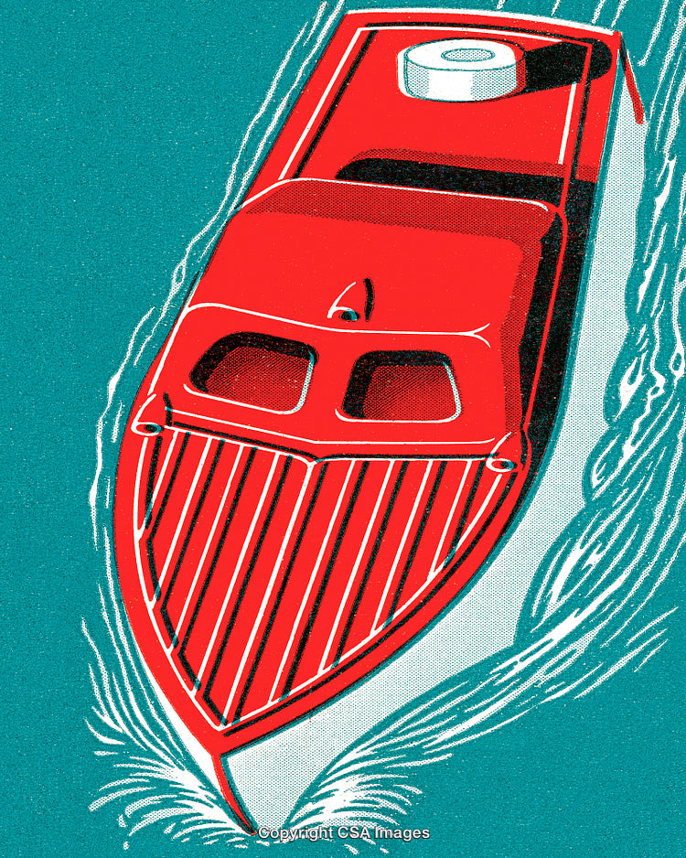 Stylized Illustration of a Red Boat Cruising on Teal Waters