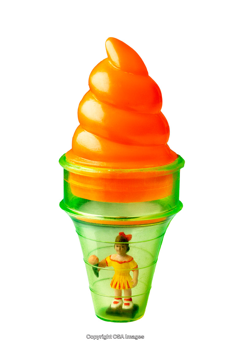 Abstract Orange Ice Cream Cone Toy with Miniature Girl Inside Green Base