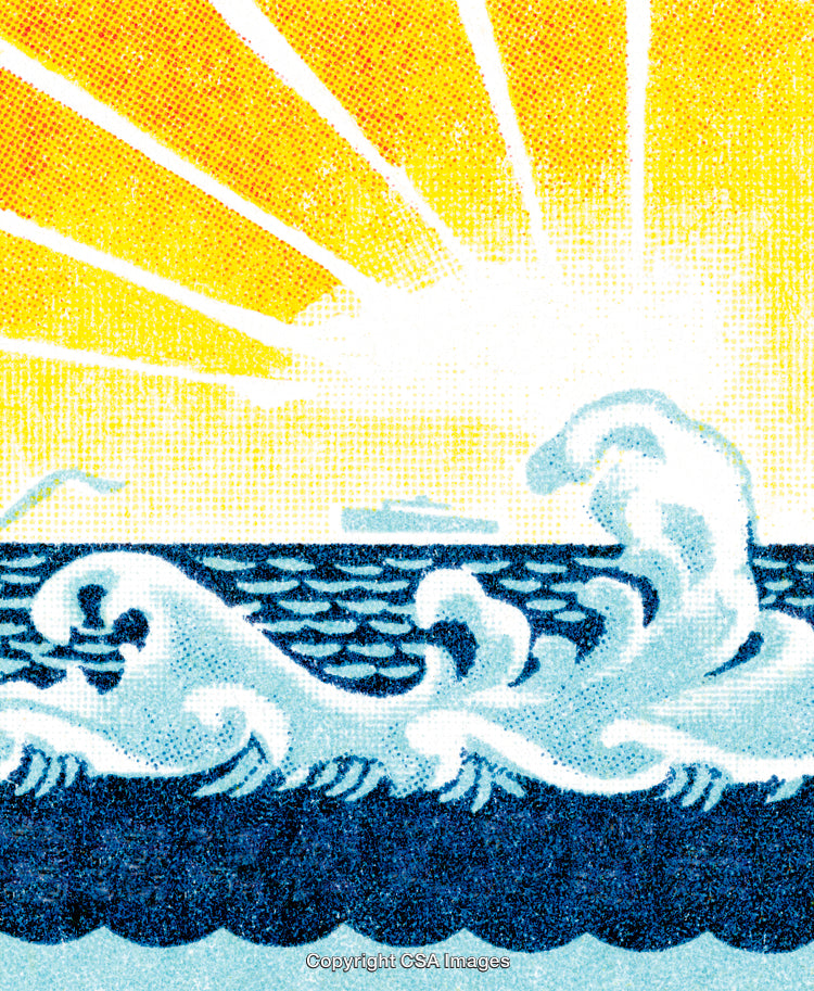 Sunrise Over Ocean Waves Depicted in Vibrant Retro Style Art