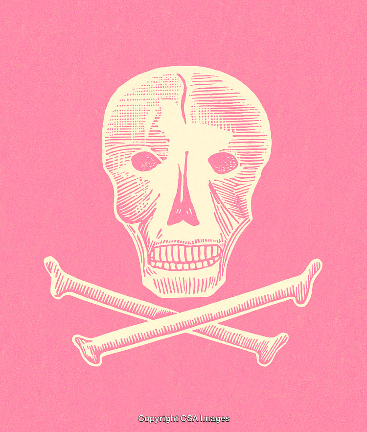 Vintage Skull and Crossbones Illustration on Pink Background