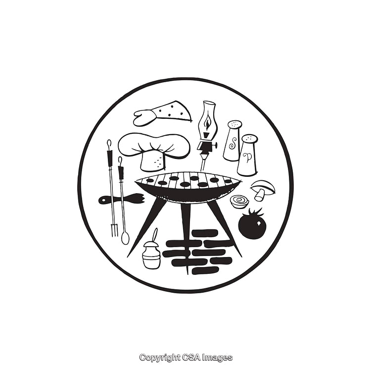 Black and White Line Art of Barbecue with Accessories and Food Items