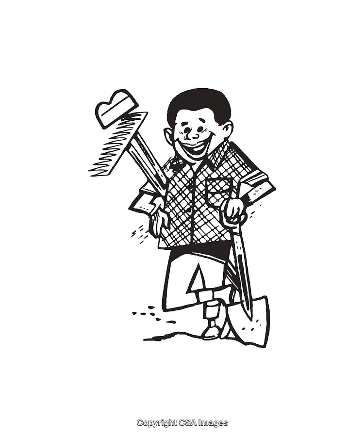 Black and White Line Art of a Happy Farmer with Tools