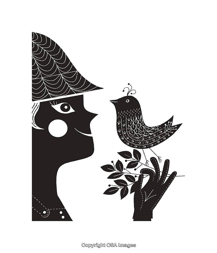 Black And White Line Art Illustration of Woman Holding Bird
