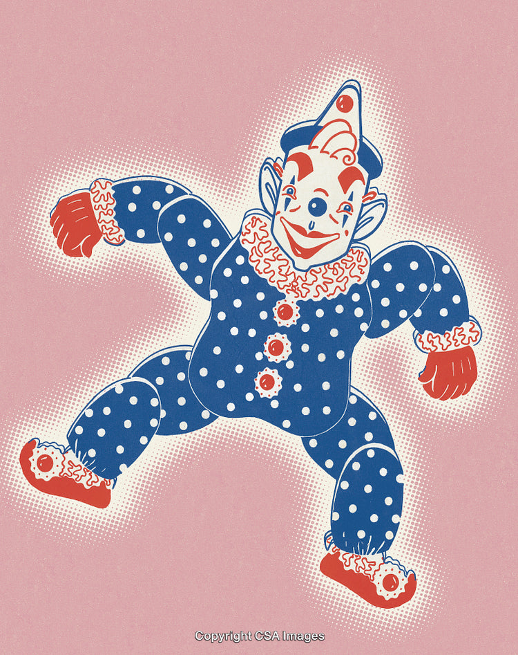 Vintage Style Illustration of a Playful Polka Dotted Clown on Pink Background