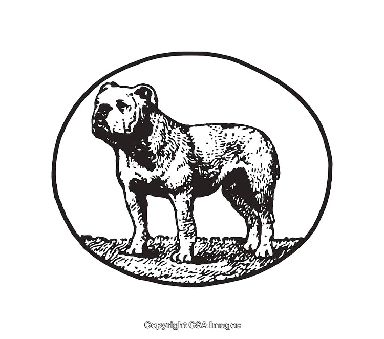 Black and White Line Art Illustration of a Dog in a Circular Emblem