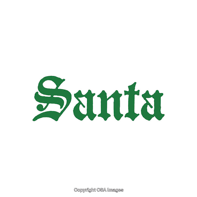 Santa-themed Text in Decorative Green Gothic Lettering on a White Background