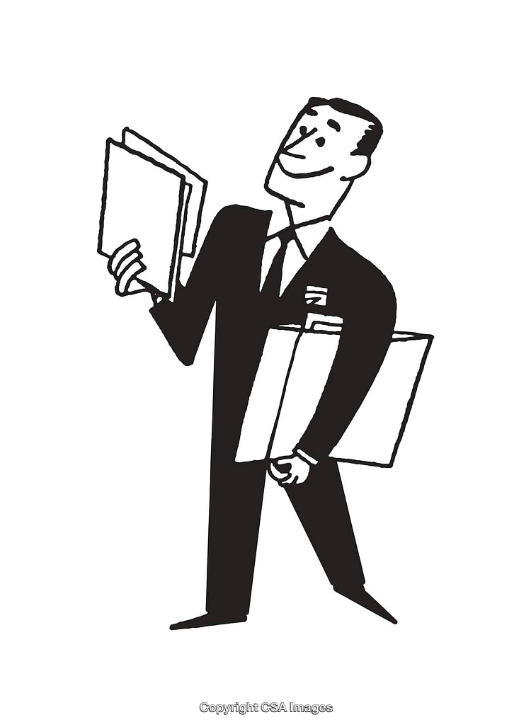 Retro Businessman Cartoon Illustration Holding Folders in a Black and White Style