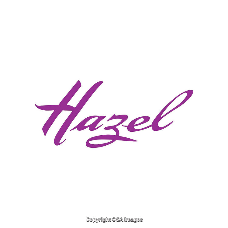 Purple Cursive Text Displaying the Word Hazel on White Background