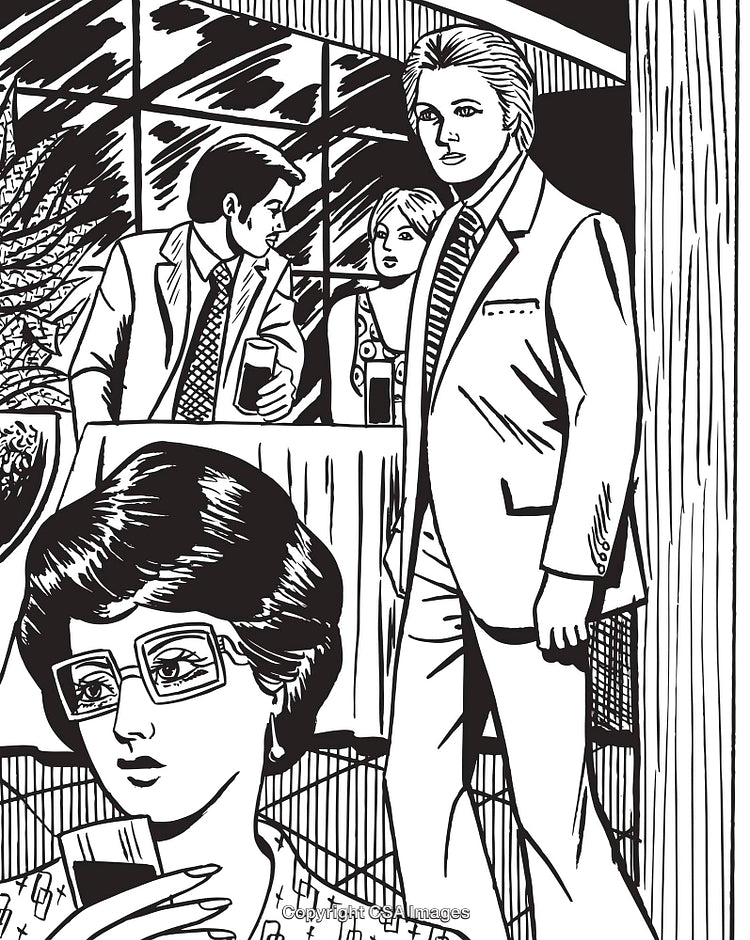Black and White Illustration of a Social Gathering With Elegant Attire