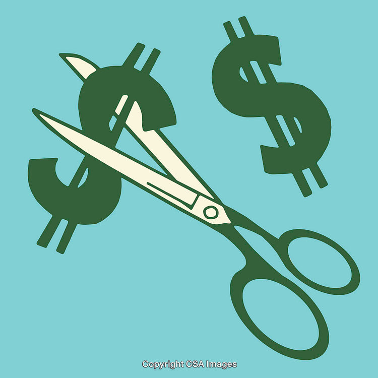 Illustration of Scissors Cutting Dollar Signs Symbolizing Cost Reduction
