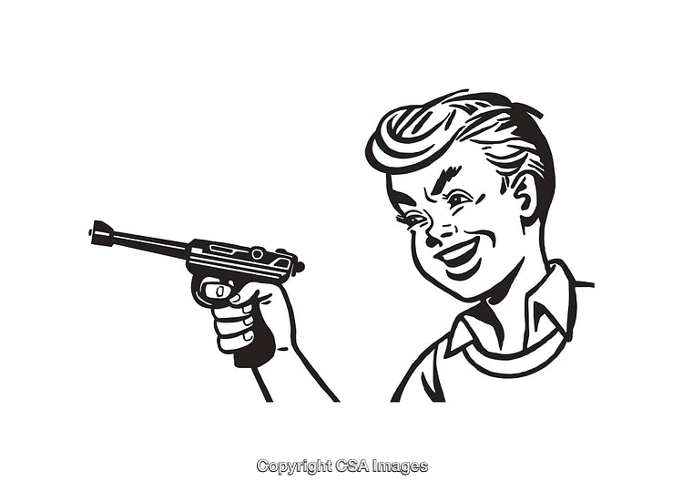 Retro Illustration of Boy Smiling and Holding a Toy Gun in Black and White
