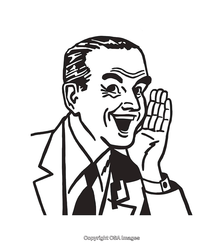 Black and White Retro Style Man Whispering Illustration