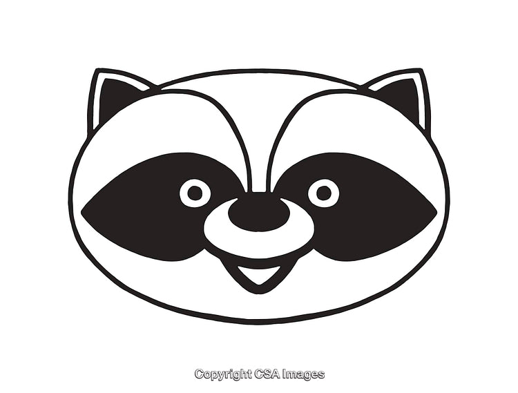 Black and White Line Drawing of a Smiling Cartoon Raccoon Face