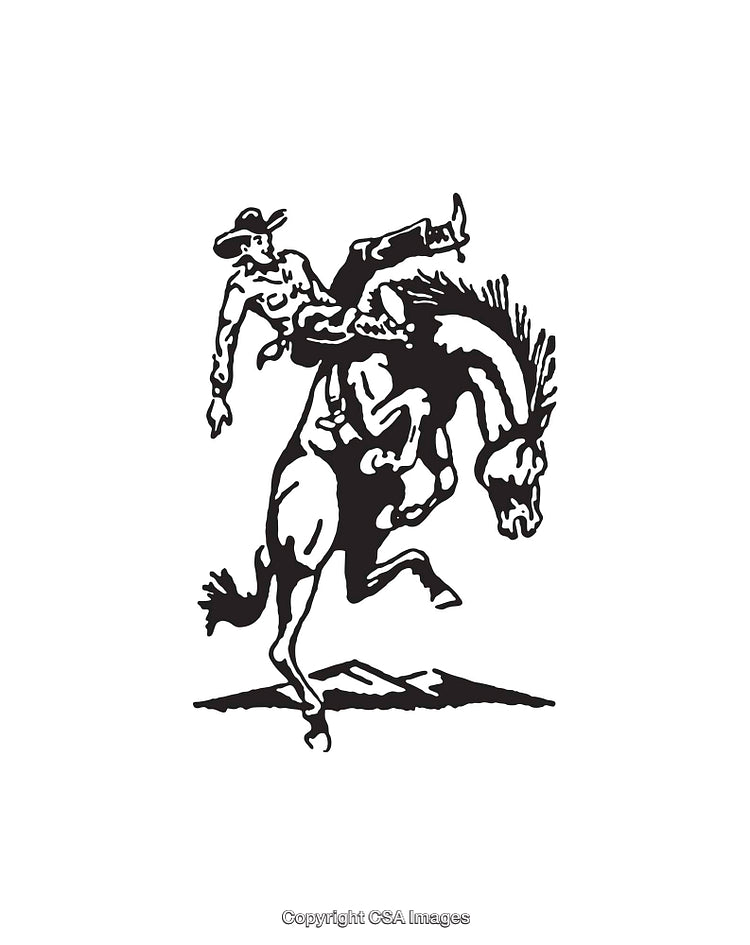 Black and White Line Art of a Rodeo Cowboy Riding a Bucking Horse