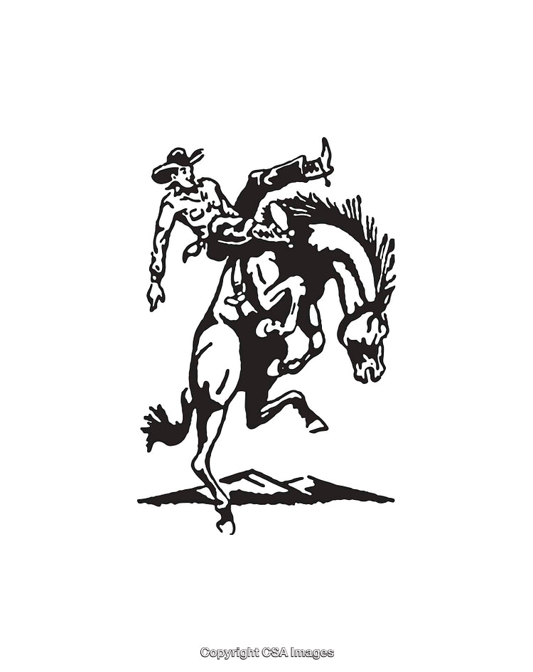 Black and White Line Art of a Rodeo Cowboy Riding a Bucking Horse
