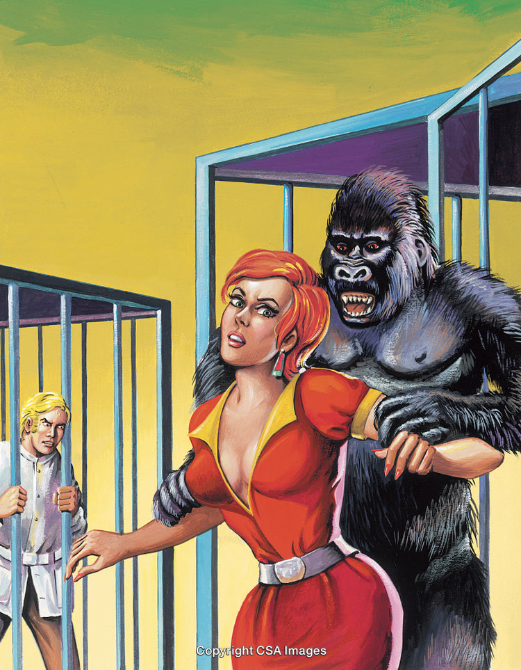 Dynamic Illustration Showing Suspense with Characters and a Gorilla in Cages