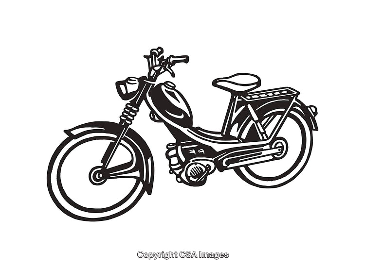 Black and White Line Art Illustration of a Classic Moped