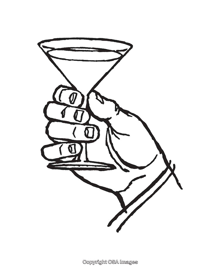 Black and White Line Art of a Hand Holding a Martini Glass