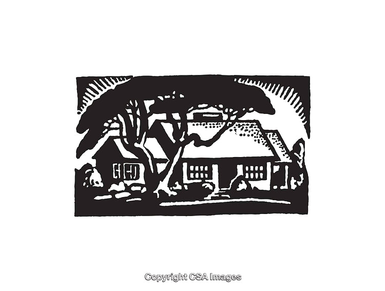 Rustic Countryside Cottage Landscape in Black and White Artwork