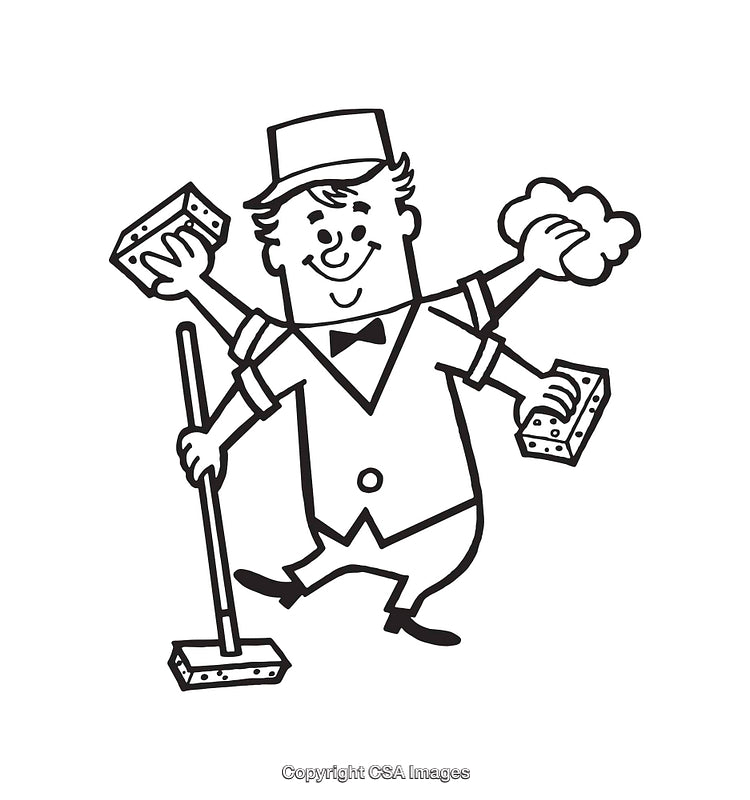 Vintage Cartoon Illustration of a Multi-Tasking Cleaner with Cleaning Supplies