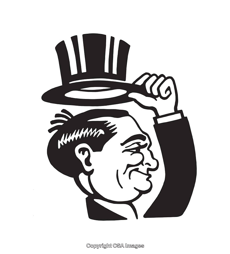 Retro Gentleman Tipping Hat Black and White Line Art Illustration