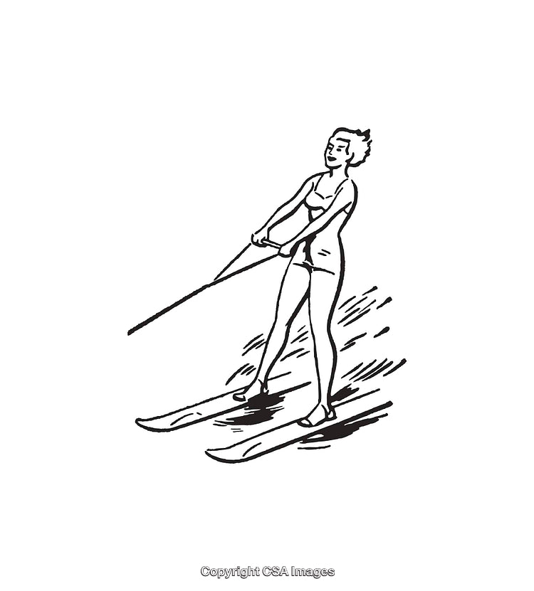Vintage Black and White Illustration of a Woman Waterskiing