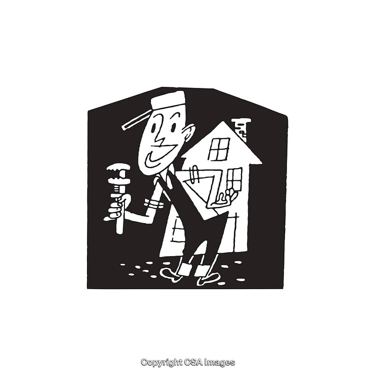 Black and White Line Art Depicting a Handy Worker with a Wrench