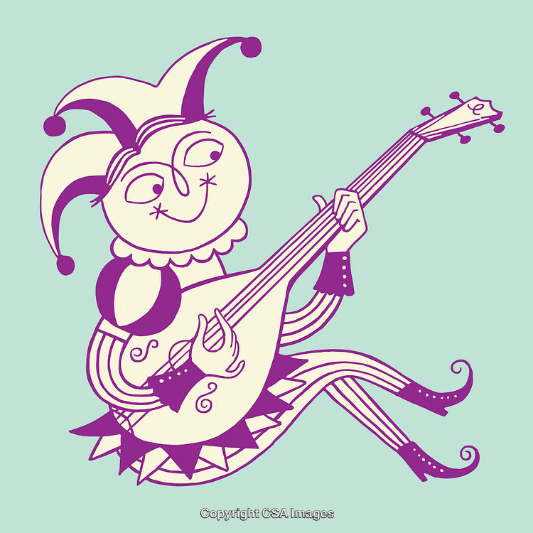 Whimsical Jester Playing Stringed Instrument on Pastel Background