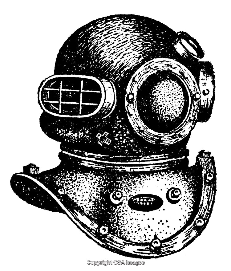 Vintage Engraving of a Diver's Helmet in Black and White