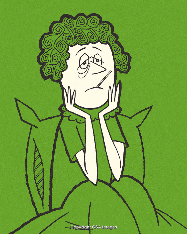 Illustrated Woman Expressing Exhaustion in a Green-Themed Artistic Design