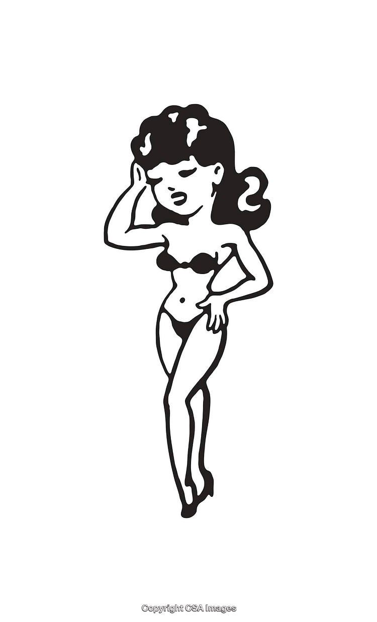 Retro Black and White Pin-Up Line Art Illustration