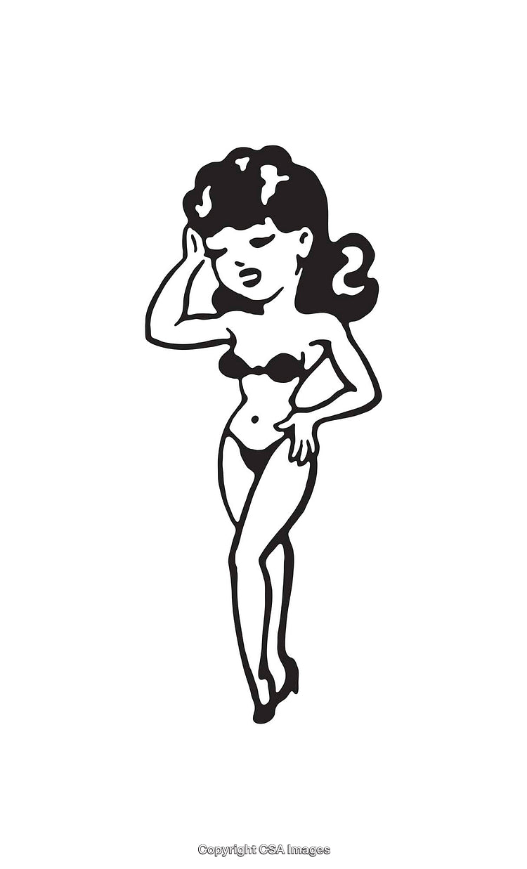 Retro Black and White Pin-Up Line Art Illustration