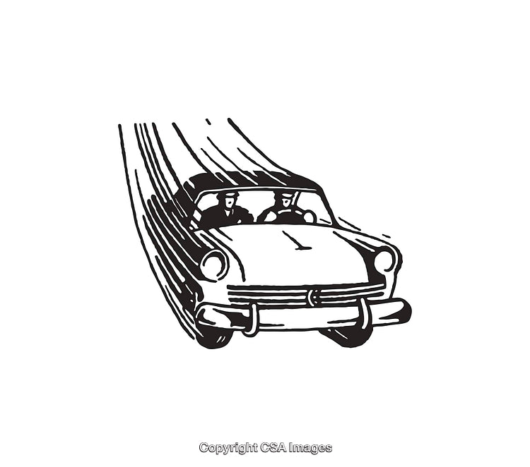 Retro Car Illustration Featuring Two People Driving in Motion Lines