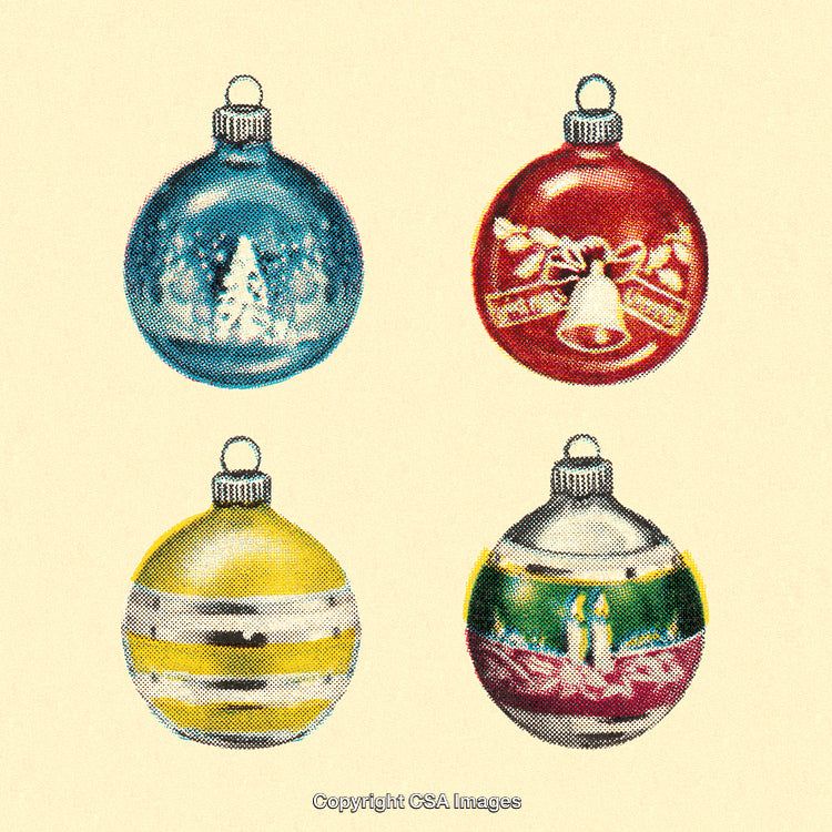 Colorful Vintage Christmas Ornaments with Festive Designs on Beige Background