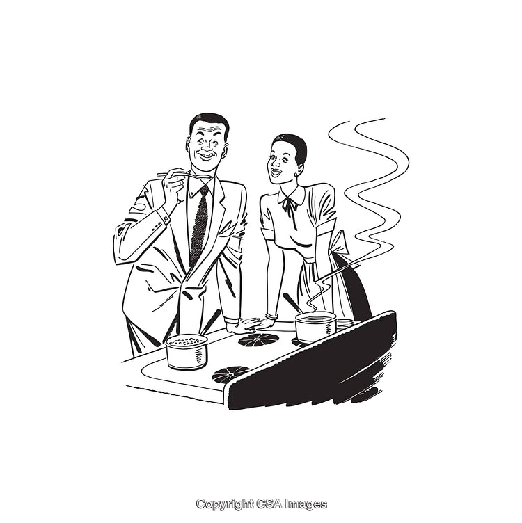 Retro Line Art Illustration of a Couple Cooking in the Kitchen