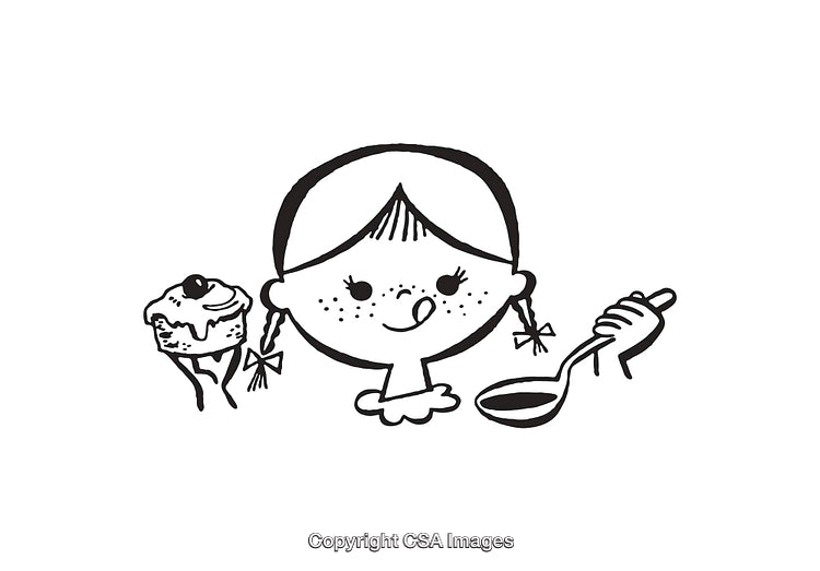 Black and White Illustrated Girl with Cake and Spoon in Black and White