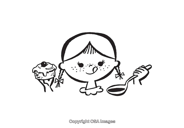Black and White Illustrated Girl with Cake and Spoon in Black and White