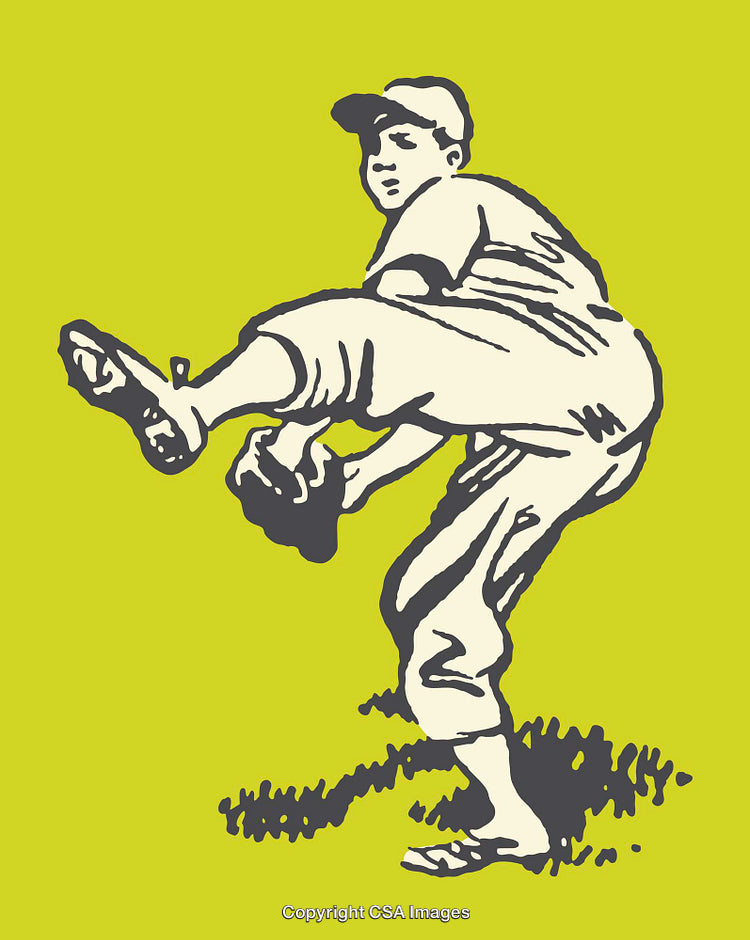 Vintage Style Baseball Player in Mid-Pitch Motion Illustration