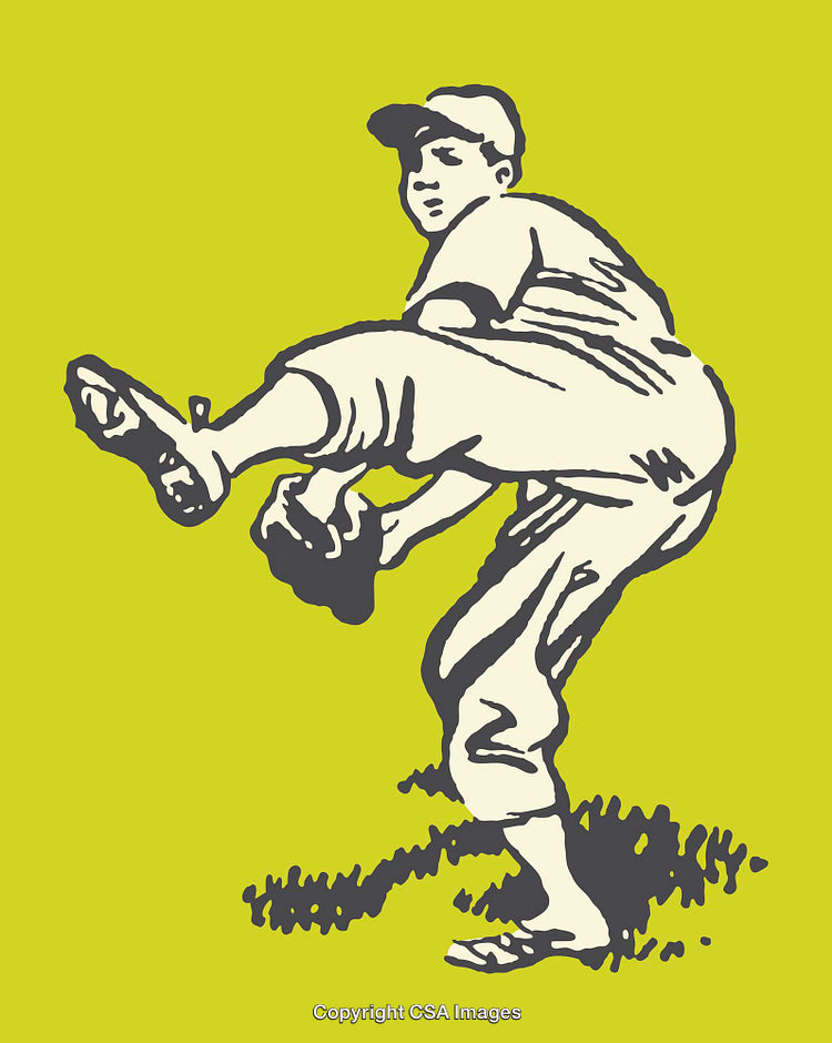 Vintage Style Baseball Player in Mid-Pitch Motion Illustration