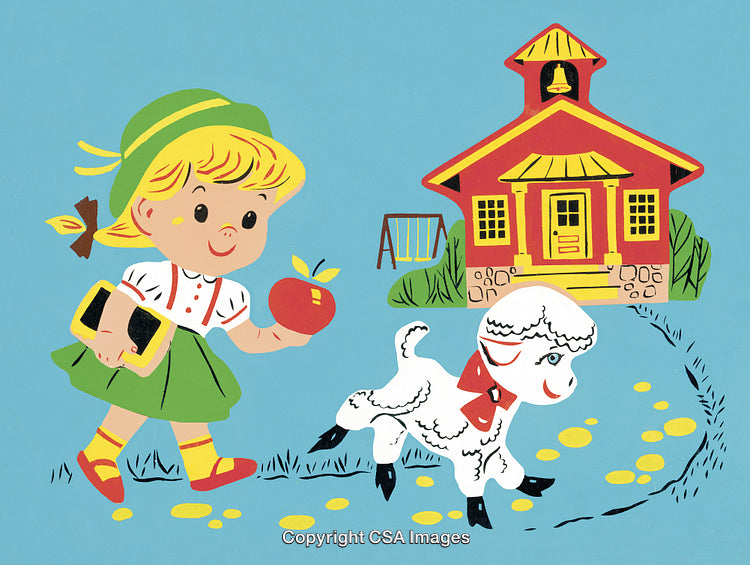 Cheerful Children and Lamb Illustration with Schoolhouse in Whimsical Style
