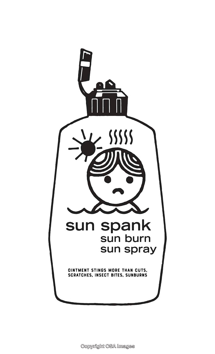 Humorous Sunscreen Line Art Label with Sad Cartoon Illustration