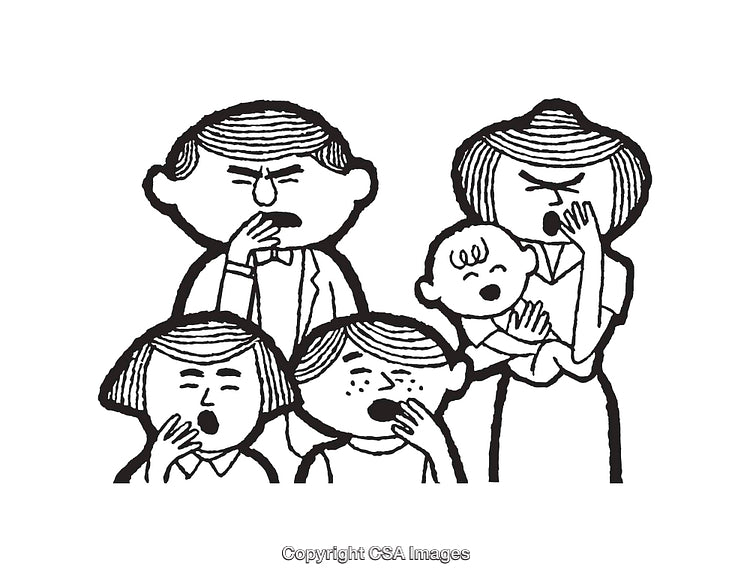 Black-and-White Line Art of a Yawning Family Expressing Tiredness